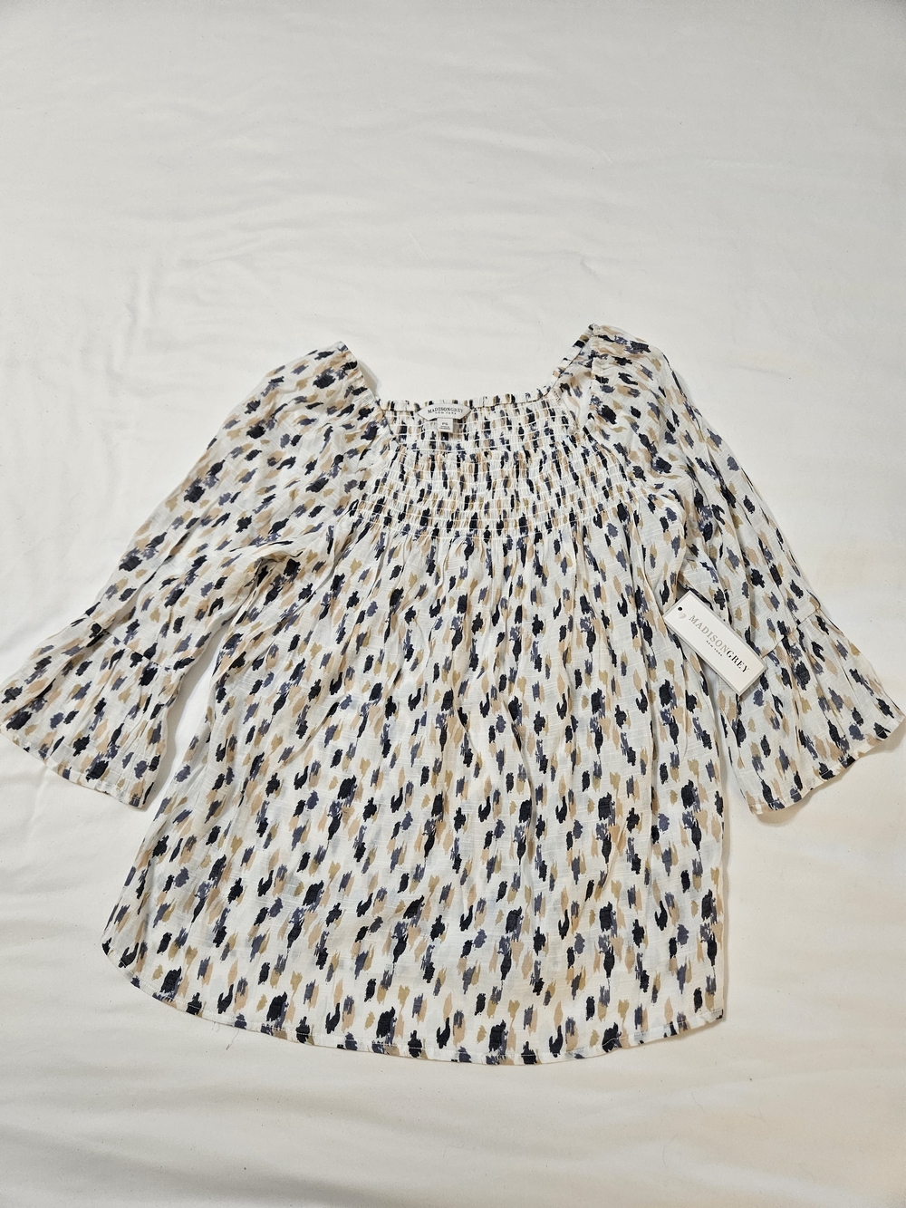 Madison Cream Multi Smocked Square-Neck Blouse